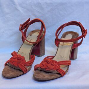 Christian Louboutin Ella Braided Suede Strappy Wooden Block Heel Sandal Shoes